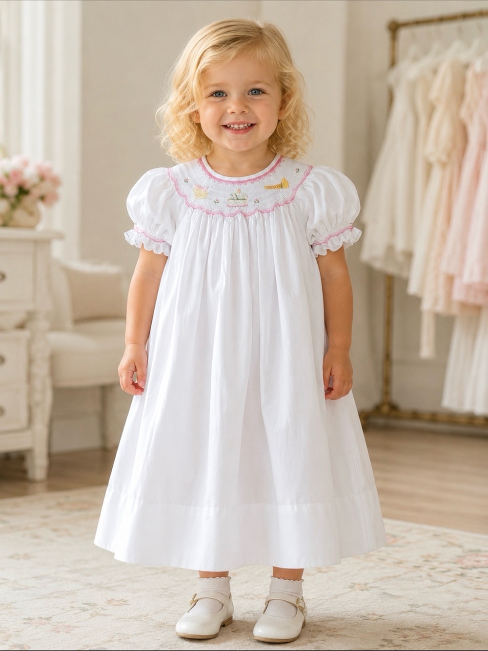 Rosalina Collections White Smocked Birthday Cake Dress Girls 3T